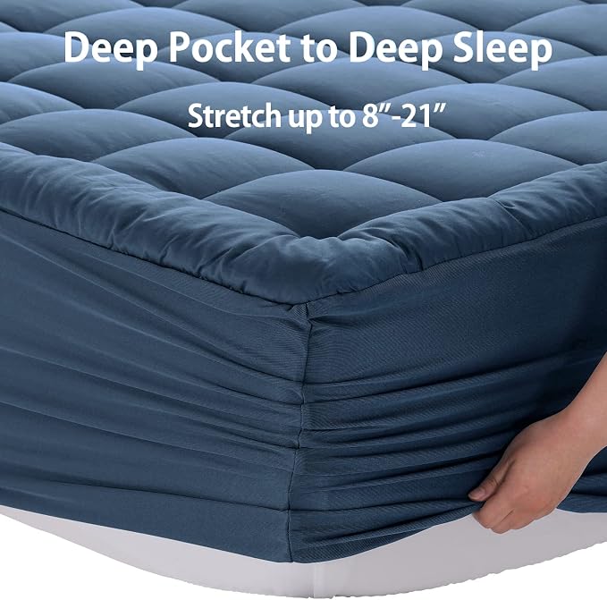 EASELAND Full Size Mattress Pad Pillow Top Mattress Topper Cotton Top | 8-21" Deep Pocket Cooling Mattress Cover/Protector 54x75 Inches Dark Blue,Boxing Quilted & Machine Washable