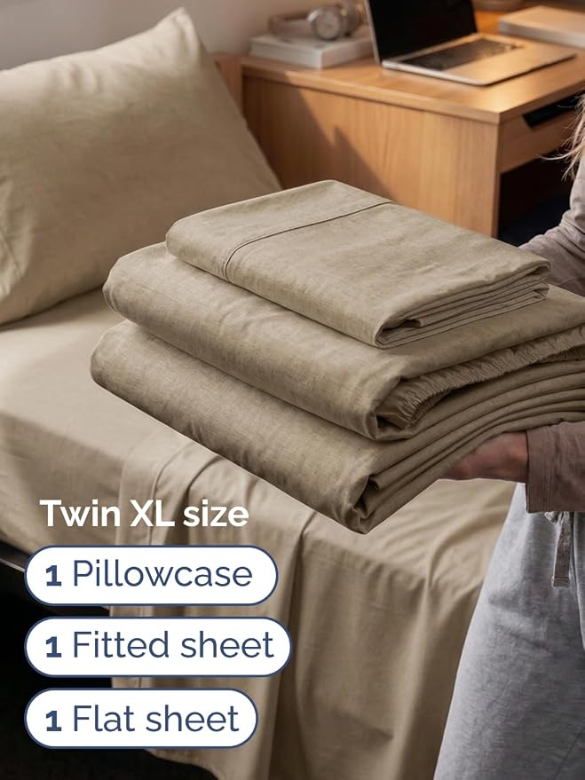 Extra Deep Twin XL Sheet Set - 3 Piece College Dorm Room - Heathered Beige | Soft, Breathable & Cooling, Easily Fits 18 to 24 inch Mattress, Wrinkle Free & Fade Resistant with Extra Deep Pockets