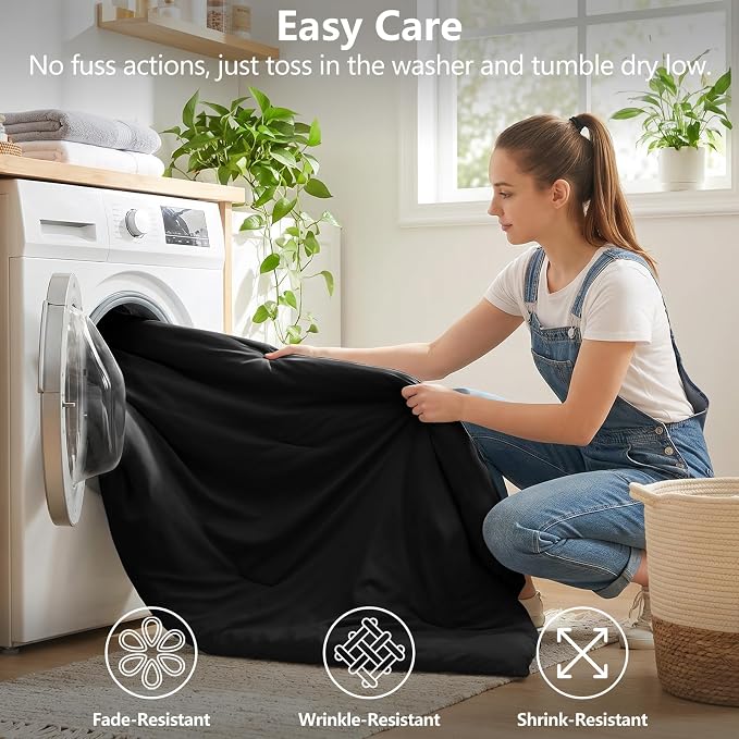 Twin Comforter Black, 5 Pieces Bed in a Bag | College Dorm Essentials, OEKO-TEX Certified, 240GSM Down Alternative Comforter, Flat & Fitted Sheets, Pillowcase & Sham