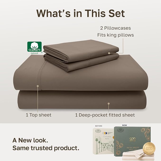 California Design Den Luxury 600 Thread Count Cotton Bed Sheets King Set | 100% Cotton Sateen Backed by Good Housekeeping Seal, Soft & Smooth, 16" Deep Pocket, Easy Care - Mushroom - Taupe Brown
