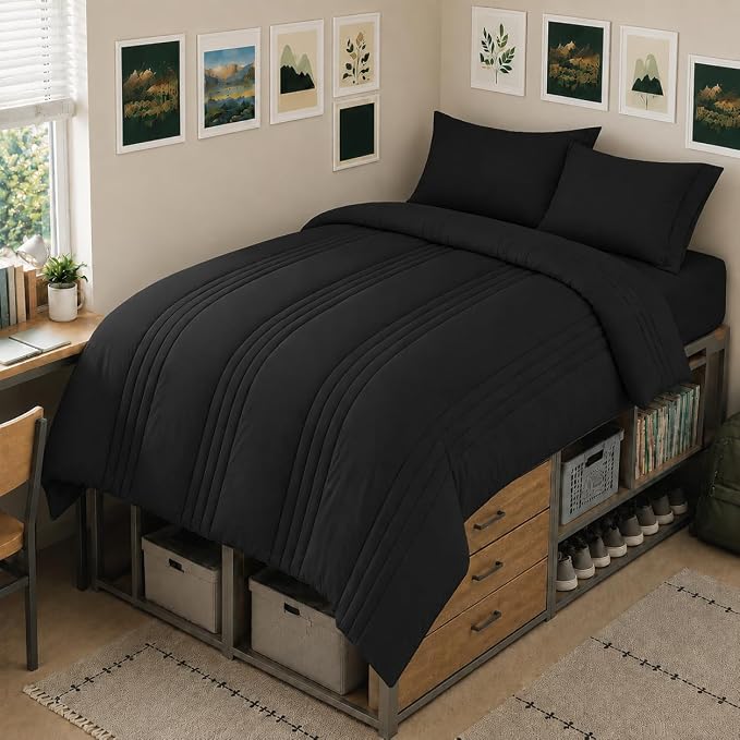 Twin XL Comforter Set Black - 5 Pieces Complete Bedding Set | College Dorm Essentials, OEKO-TEX Certified, 240GSM Down-Alternative Comforter, 14" Deep-Pocket Sheets, Sham & Pillowcase