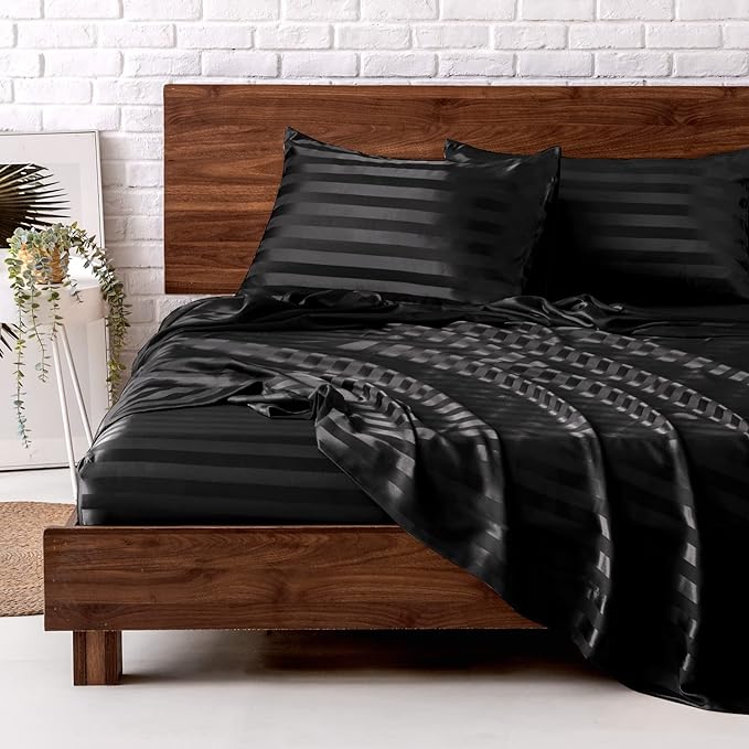MR&HM Satin Sheets King Size with Elastic Corner Straps, Black Striped | Similar to Silk, 4-Piece Silky Soft Bed Sheet Set, Gentle on Skin and Hair, 15" Deep Pocket, Cooling & Breathable