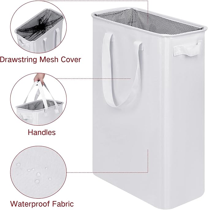 efluky Slim Laundry Basket, Narrow Laundry Hamper with Handles, Collapsible Dirty Clothes Hamper, Tall Laundry Bin for Laundry Room, Dorm and Bedroom, 12.7 Gallons(48L) White