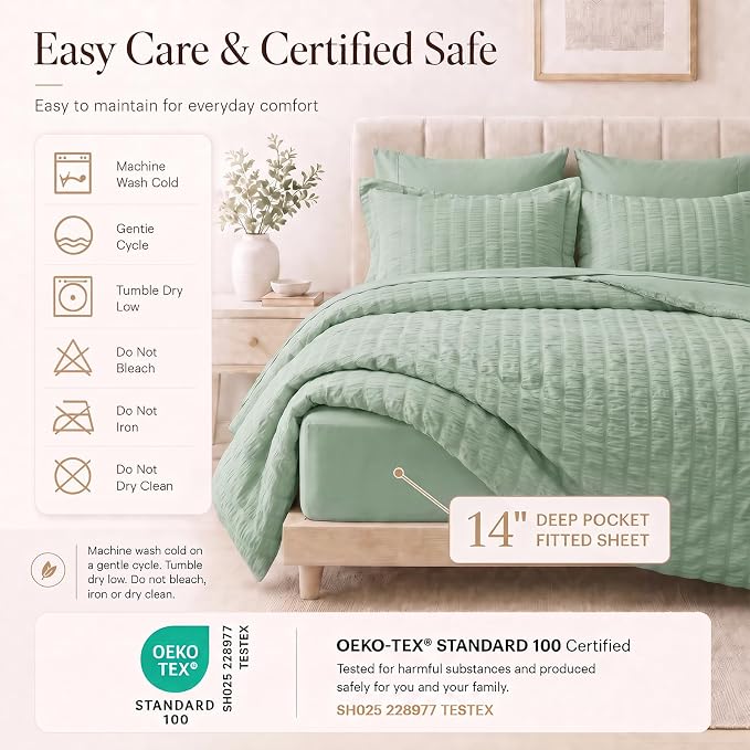 Queen Comforter Set, 7 Pieces Sage Green Seersucker Bed in a Bag | OEKO-TEX Certified, All Season Bedding Set with 240 GSM Down Alternative Comforter, Flat & Fitted Sheets, Pillowcases & Shams