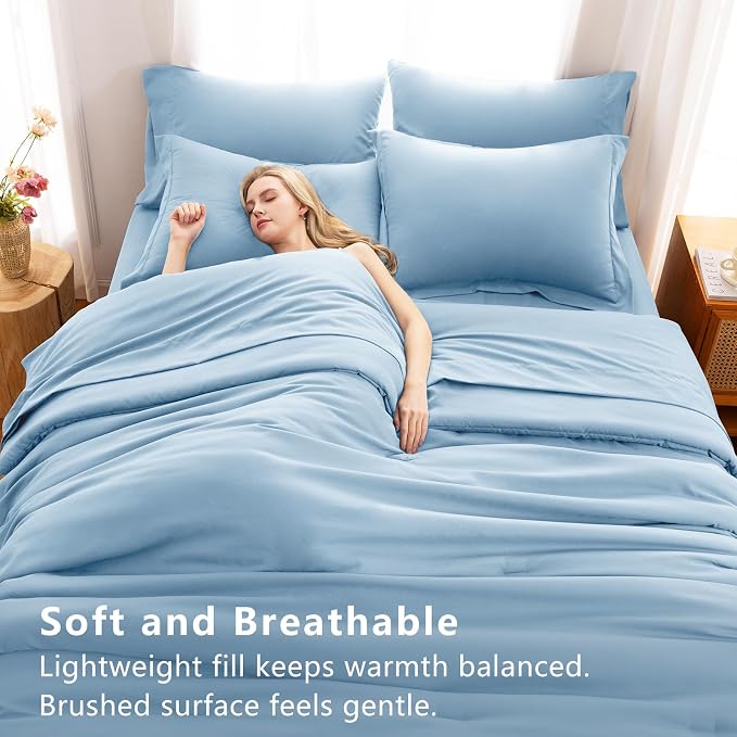 Queen Comforter Set Baby Blue, 7 Pieces Bed in a Bag | OEKO-TEX Certified, All-Season, Bedroom, 240GSM Down Alternative Comforter, Flat & Fitted Sheets, 2 Pillowcases & 2 Shams