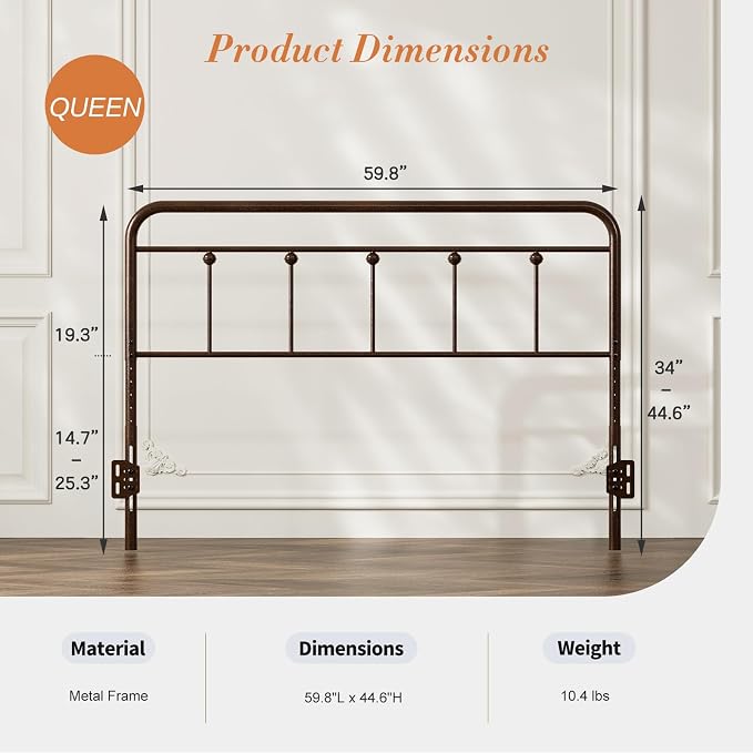 Victorian Metal Queen Size Headboard, Adjustable Height, Brown | Sturdy Steel Queen Head Board Only for Bedroom, Bed Frame Brackets Adapter, Farmhouse Vintage Style, Easy Assembly