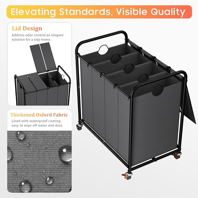 Laundry Sorter 4 Sections 48 Gal, Rolling Laundry Basket with Wheels ＆ Lid | Laundry Hamper, 4 Separated Removable Bags, Lockable Wheels, Dirty Clothes Hamper for Laundry Room Organizer, Grey