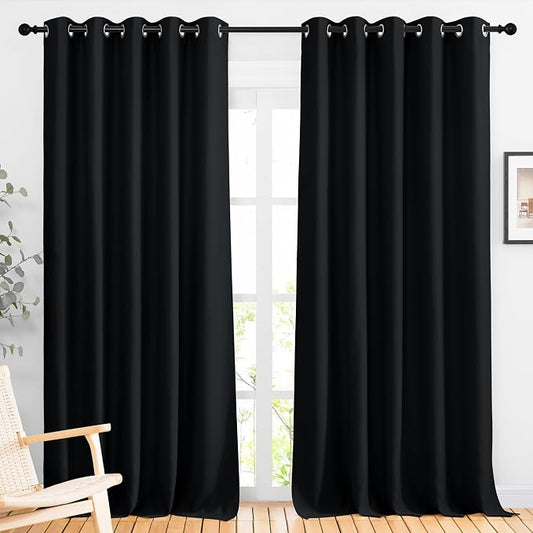 NICETOWN Black Blackout Curtains for Living Room 66" w x 92" L 2 Panels | 3 Pass Microfiber Noise Reducing Thermal Insulated Solid Ring Top Window Drapes, Light Blocking Decor for Bedroom Kitchen
