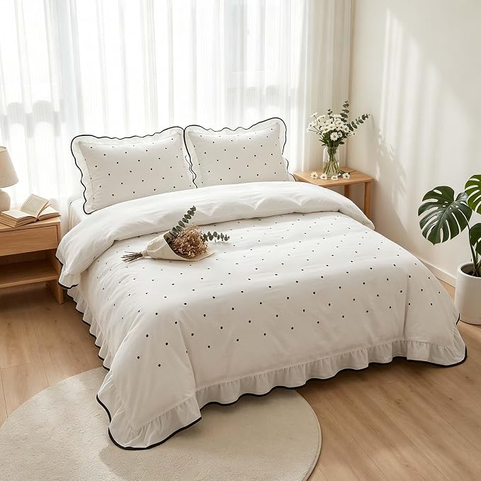 Nayoroom Polka Dot Duvet Cover Queen Size Elegant White Ruffle Duvet Cover 3 Pieces Soft Breathable Microfiber Cute Princess Black Dot Bedding Set