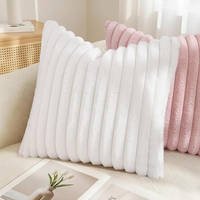 decorUhome Fall Faux Fur Throw Pillow Covers 16x16 Set of 2 White | Decorative Soft Cozy Striped Plush Modern Farmhouse Boho Couch Pillow Cases Velvet Back for Sofa Bed Living Room Home Decor