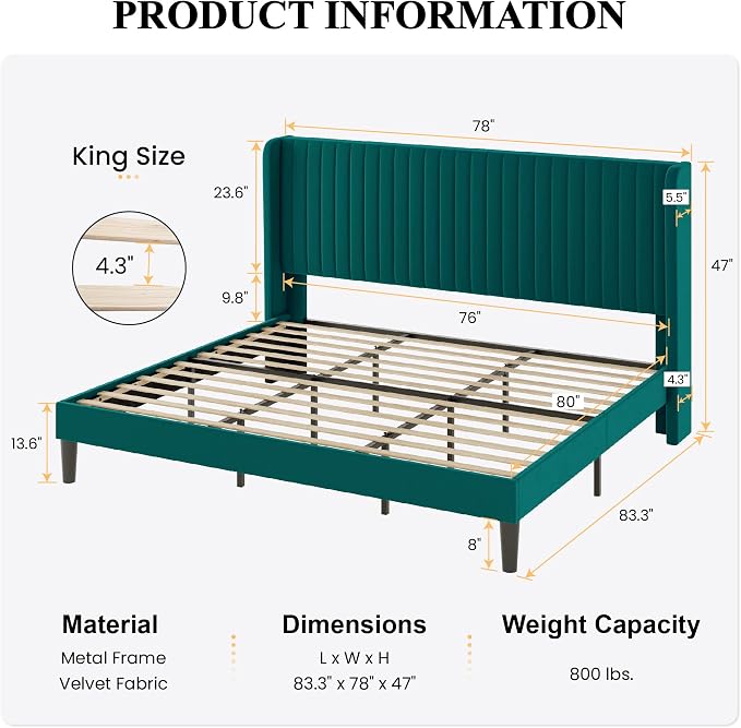 SHA CERLIN King Size Velvet Bed Frame, Tufted Wingback Headboard, Teal | 47'' Modern Vertical Channel Headboard, Upholstered Platform Bed, Wood Slats, No Box Spring Needed, Easy Assembly, Noise Free