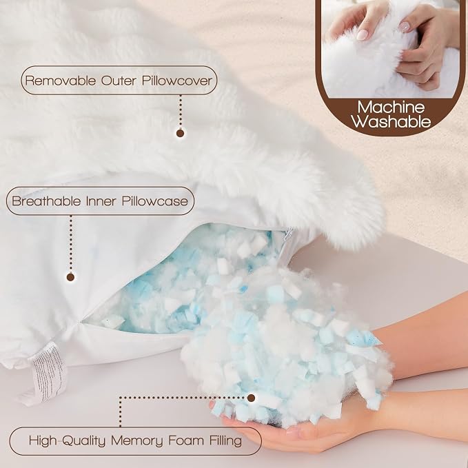 YZ HOME Faux Fur Fluffy Body Pillow for Adults, Soft Support | Firm Body Pillow, Adjustable Support for Side Sleeping, Pregnant Women, Washable cover,Gifts, 20x54 Inch (White)
