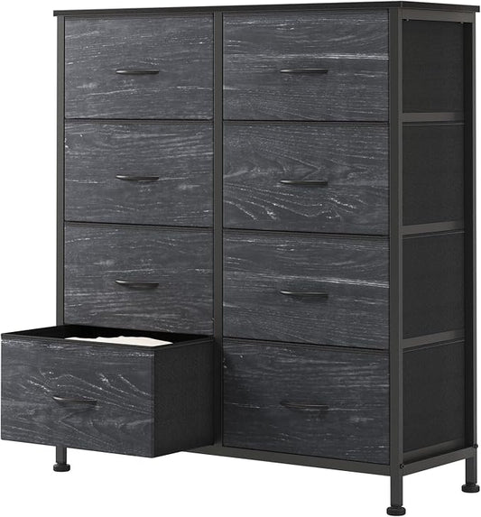 OLIXIS Dresser for Bedroom, 8 Storage Drawers, Tall Fabric Tower Organizer | Large Dresser for Closet, Chest of Drawers with Metal Frame Wooden Top for Nursery, Living Room, Black Wood Grain