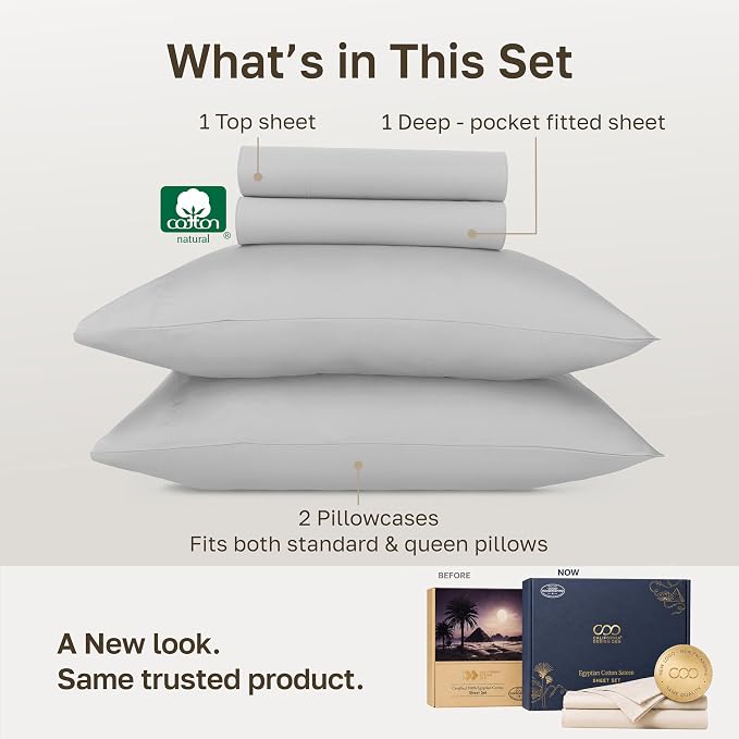 California Design Den 100% Egyptian Cotton Full Size Sheet Sets, Light Grey | Backed by Good Housekeeping Seal, Light & Airy Soft Sateen, 15" Deep Pocket, All-Around Elastic, Durable, Easy Care 4pc Set