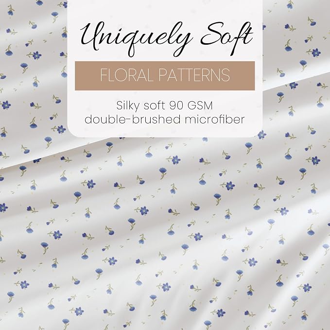 Linen Market Double-Brushed Patterned Microfiber California King Sheet Set 4 Piece – Oeko-TEX Certified Ultra Soft & Wrinkle-Free - 16" Deep Pocket Sheets Easy Care Cal-King Size - Soft Floral Blue