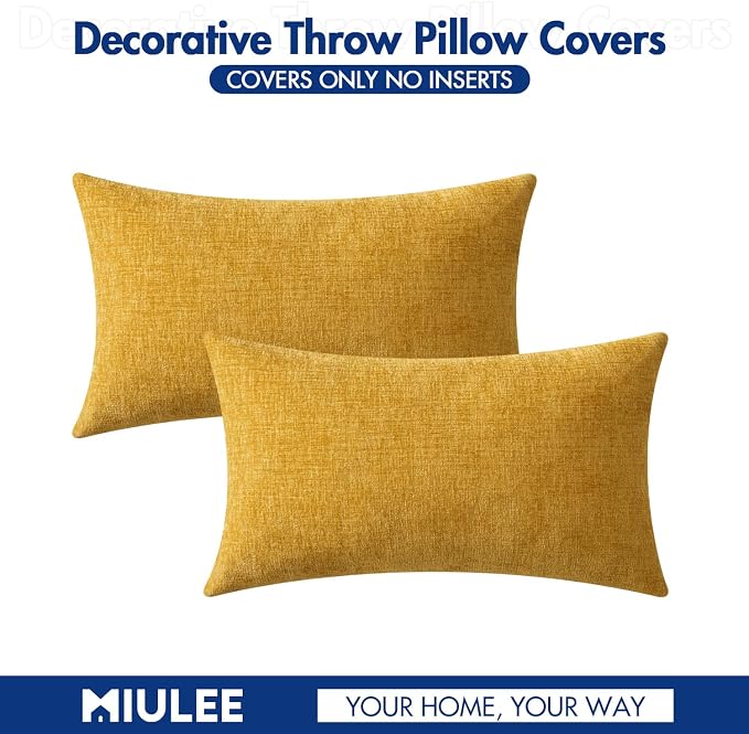 MIULEE Chenille Lumbar Throw Pillow Covers Mustard Yellow 12x20 Pack of 2 | Soft Modern Home Decor, Classic Decorative Pillows, Solid Dyed Cases, Boho Couch Cushion Covers for Sofa Bed Living Room