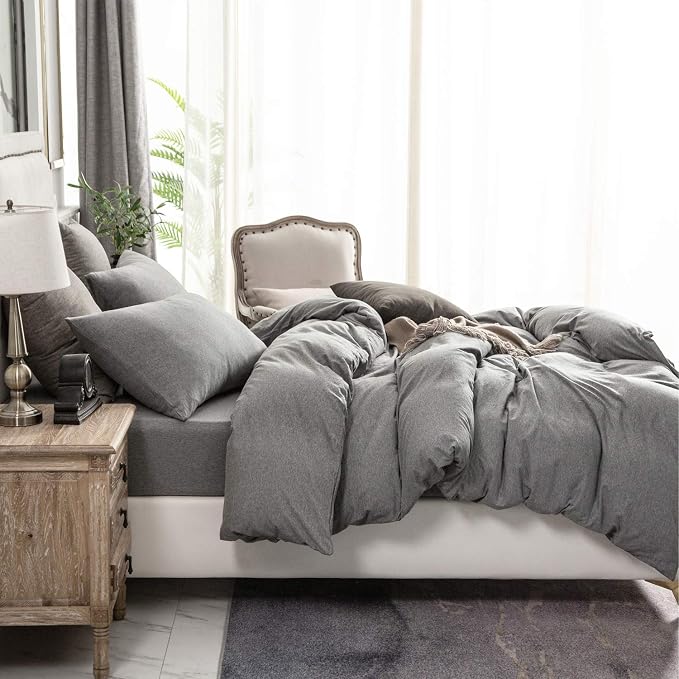 PURE ERA Jersey Knit Sheet Set Heather Dark Grey King | 100% Cotton, 3 Piece Set, T Shirt Soft, Breathable, Envelope Closure Pillowcases, Hidden Zipper, 8 Ties, No Insert, Modern