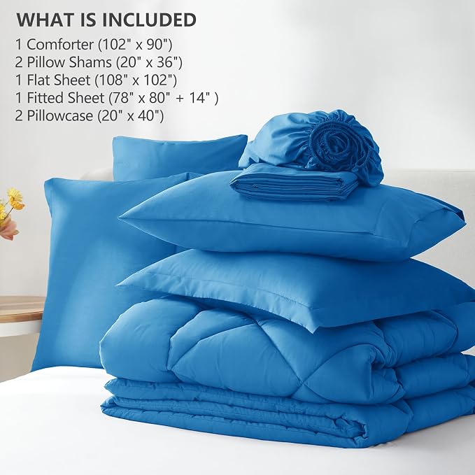 King Size Comforter Set Royal Blue - 7 Pieces Complete Bedding Set | OEKO-TEX Certified, All Season, 240GSM Down-Alternative Comforter, Sheets, Pillowcases & Shams, 14" Deep Pocket, Easy Care