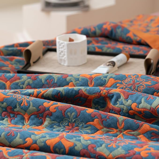 100% Cotton Muslin Blanket Jacquard Bohomian Mandala Floral Print Quilt, Soft Bed Cover 3 Layers Reversible Bedspread Coverlet Breathable Lightweight Bedding Twin(59"x94"), No Pillow Sham