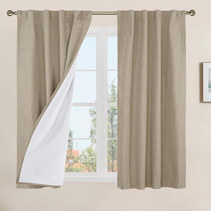 45 Inch Natural 100% Blackout Linen Curtains for Bedroom 2 Panels | Taupe, Linen Textured, Thermal, Curtains for Farmhouse, Rod Pocket Back Tab, Neutral Panels, with White Liner, 38 x 45 Inch