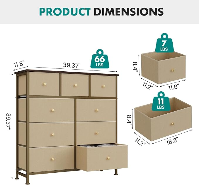 DUMOS 9 Drawer Dresser for Bedroom, Storage Organizer Chest of Drawers | Fabric Bins Storage Tower with Sturdy Metal Frame, Wood Tabletop for Closet, Khaki