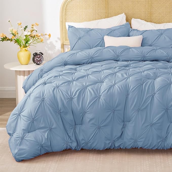 BEDELITE Twin Comforter Set Cornflower Blue,Lightweight & Soft Comforter | Pintuck Boho Bedding, Warm & Cute Bed Set for All Season,With 1 Pillowcase