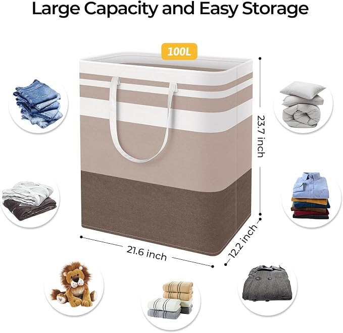 HomeHacks 2 Pack Large Laundry Baskets, Laundry Hampers Bags (Khaki 100Lx2) | Waterproof, Freestanding, Collapsible Clothes Hamper with Reinforced Handles in Laundry Room, Dorm, Bathroom, Bedroom