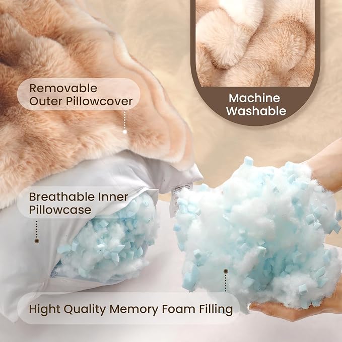 ZonLi Fluffy Body Pillow for Adults, Fuzzy Faux Fur Long Pillow with Shredded Memory Foam, Adjustable Support for Side Sleepers, Gifts, 20 x 54 Inch, Light Tan