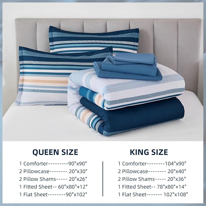 Dobuyly Blue Queen Comforter Set 7 Pieces, Boho Striped Bed in a Bag Queen Size Soft Microfiber All Season Bedding Set with Comforter, Sheets, Pillowcases & Shams