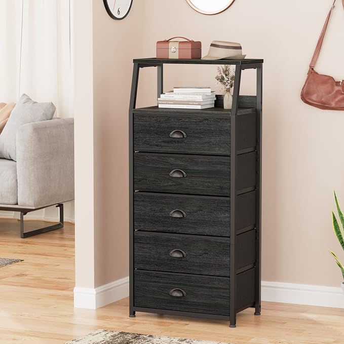 Furnulem Black Dresser for Bedroom, Fabric Dorm Tall Nightstand | 5 Drawers Chests of drawers, Closet Organizer, Bedside Table Furniture for Living Room, Sturdy Steel Frame, Wood Top