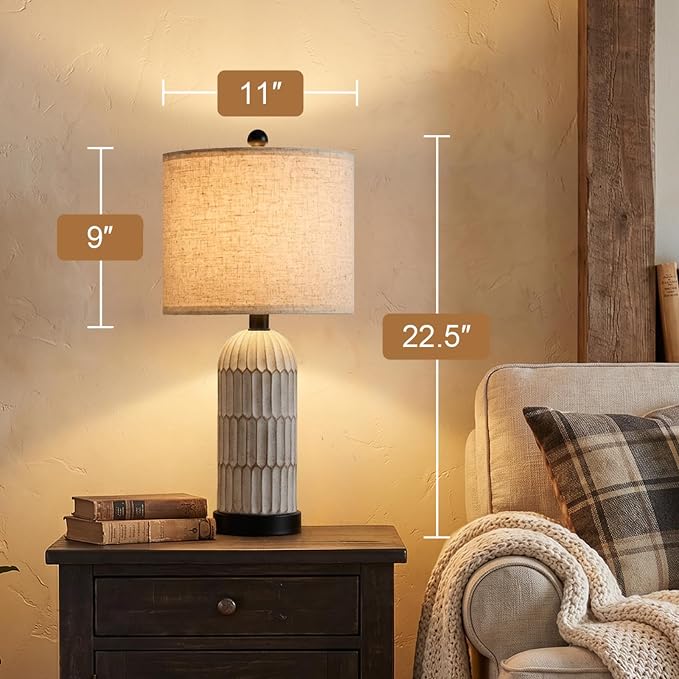 OYEARS 22.5" Bedside Table Lamps Set of 2, Farmhouse Table Lamp with USB A+C Charging Ports,Vintage Nightstand Lamp for Bedrooms and Living Rooms, Retro Resin End Table Lamp with Linen Shade, Black