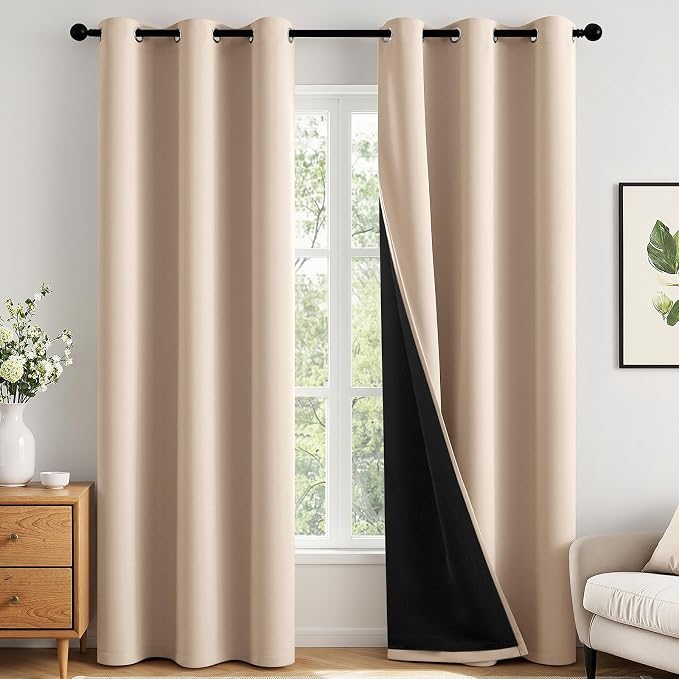 MIULEE Beige 100% Blackout Curtains for Bedroom 90 Inch Long 2 Panels Set | 2 Thick Layers Thermal Insulated Window Curtains with Black Liner, Noise Reducing Grommet, Drapes for Living Room