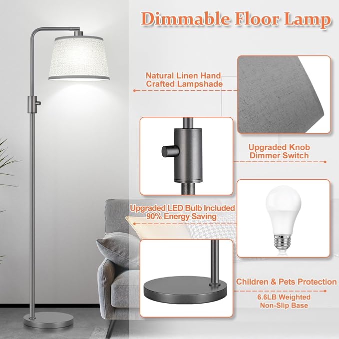 【Upgraded】 Dimmable Floor Lamp, 1000 Lumens LED Edison Bulb Included, Arc Floor Lamps for Living Room Modern Standing Lamp with Linen Shade, Tall Lamps for Living Room Bedroom Office Dining Room-Grey