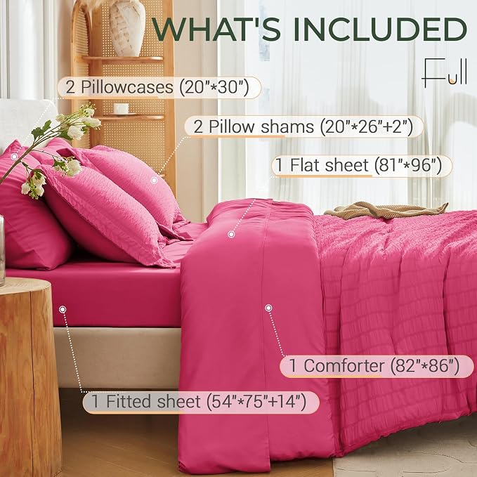 7 Pieces Full Comforter Set, Seersucker Bed in a Bag Full Size, All Season Luxury Bedding Set with Comforter, Flat Sheet, Fitted Sheet, Pillowcases & Shams, Hot Pink