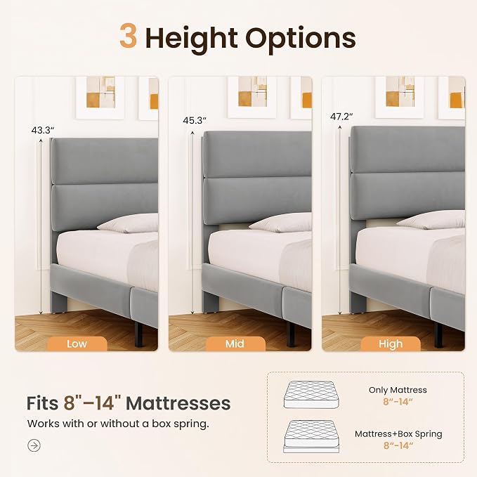 GRUSIGN King Size Platform Bed Frame with Velvet Headboard, Adjustable Height Wooden Slats Support, Upholstered Mattress Foundation, Fits Mattress or Mattress with Box Spring, Easy Assembly, Grey