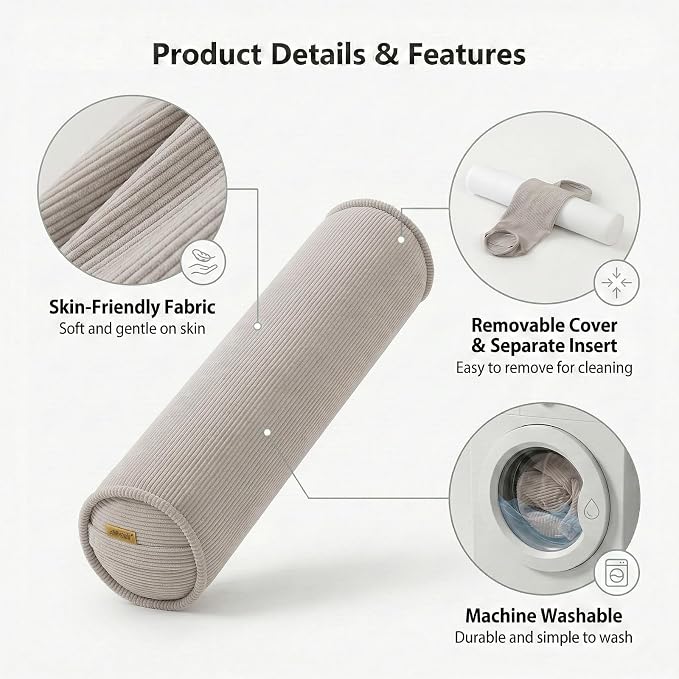 Long Round Body Pillow for Adults – Corduroy Cervical Roll Bolster Pillow, Firm Support for Spine Alignment & Side Sleeping,59 x 7.87 Inches,Beige Gray