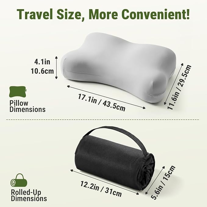 ZZ-WELL Neck Pillow for Sleeping - Memory Foam Pillows with Portable Storage Bag, Cooling Pillowcase - Soft Sleeping Pillow for Side Back Sleepers on Bed, Camping, Travel Size (Grey)