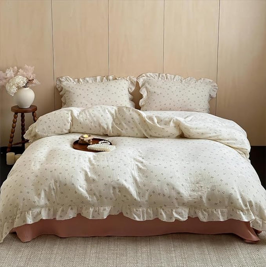 Chic Shabby Vintage Floral Duvet Cover Twin for Kids Girls Boys 100% Cotton Muslin Ruffled Quilt Cover Twin, 68"x86", Primrose Print, Soft Breathable, Zipper Closure, No Pillowcase