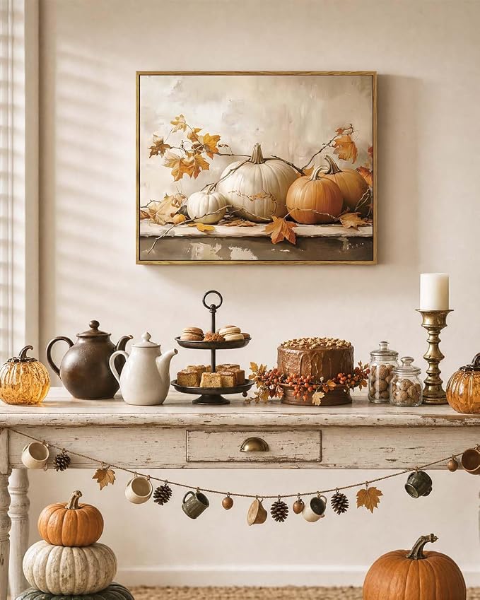 WHASAYART Vintage Pumpkin Thanksgiving Wall Art 16x20 Framed Canvas Print with Fall Leaves, Rustic Autumn Season Painting, Cozy Harvest Dining Room Kitchen Farmhouse Decor
