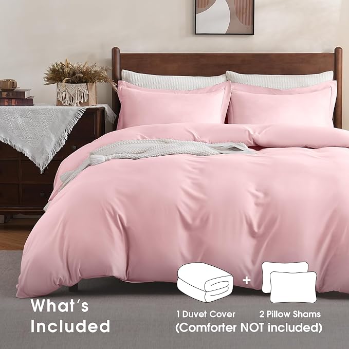 FreshCulture Duvet Cover Queen Size - 3 Pieces Microfiber Duvet Cover Set with Zipper Closure - Lightweight & Easy Care - 1 Comforter Cover & 2 Pillow Shams - Comforter Not Included (Pink)