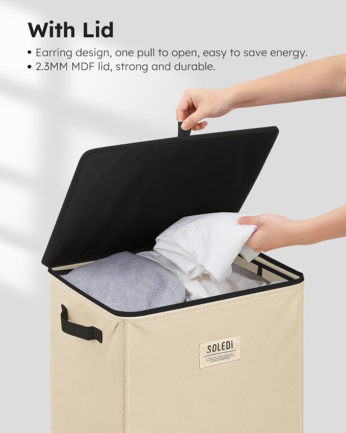 SOLEDI Laundry Hamper with Lid 100L Large & Tall Collapsible Laundry Basket, Clothes Hamper with Bag Removable Easy to Carry, Dirty Hampers for Bedroom, Bathroom, Dorm, College, Beige