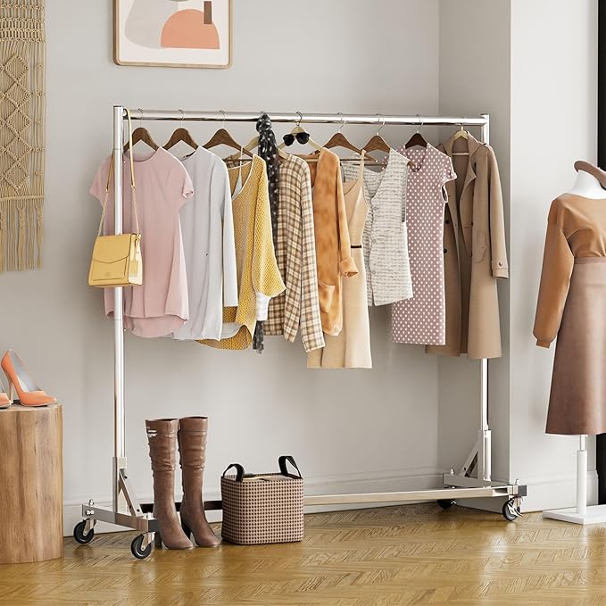 Simple Trending Industrial Grade Z Base 70inches Extra Long Clothes Garment Rack, Commercial Grade Rolling Clothing Rack, Heavy Duty 450lbs Load with Wheels, Chrome | Heavy Duty Commercial Grade Clothing Rack 70" Extra Long, 360°Lockable Wheels, for Ho...