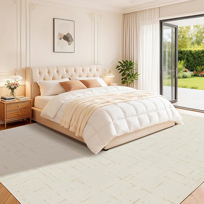 LIANLAM Washable Rug Area Rugs for Living Room - Stain Resistant Non-Slip Backing Boho Rug for Bedroom,Durable & Ultra-Thin Vintage Large Area Rug(9' x 12',White)