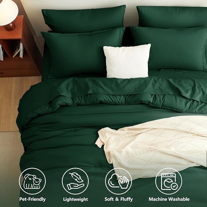 King Size Comforter Set Emerald Green, 7 Pieces Bed in a Bag | OEKO-TEX Certified, All-Season, Bedroom, 240GSM Down Alternative Comforter, Flat & Fitted Sheets, 2 Pillowcases & 2 Shams