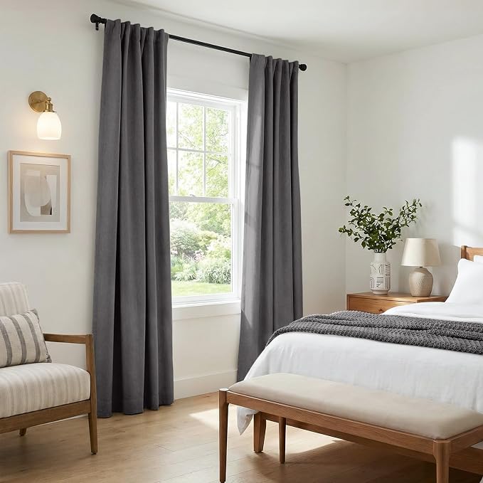 INOVADAY 100% Blackout Linen Curtains for Bedroom 50x63 Inches Dark Grey | Linen Textured, Light Blocking, Room Darkening, Thermal Insulated, Back Tab Top, Window Curtains for Living Room, 2 Panels