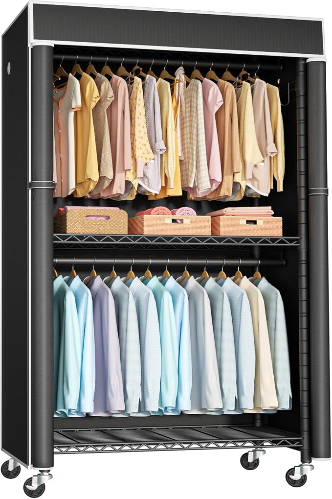 FUTASSI Clothing Rack with Cover, P1C Rolling Closets with Wheels | Metal Garment Rack for Hanging Clothes, Clothing Storage Wardrobe with Cover