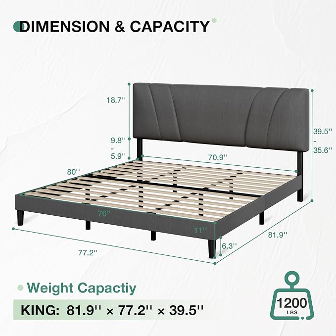 Novilla King Bed Frame and Headboard, Linen Upholstered King Size Bed Frame with Wood Slats Support, No Box Spring Needed, Heavy Duty Feet, Easy Assembly, Grey