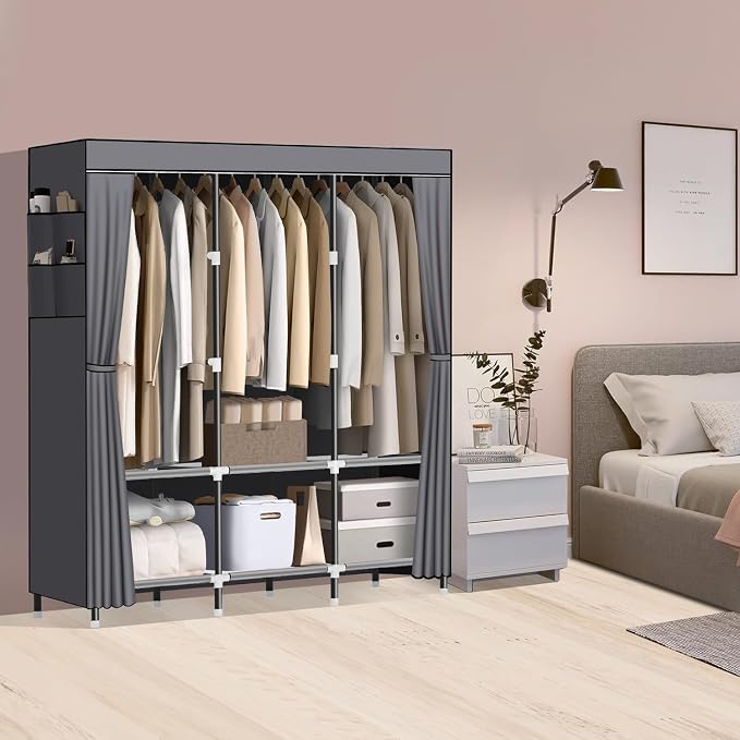 LOKEME Wardrobe Closet,Steel Pipe Diameter 19mm,Portable Closet for Bedroom | Strong and Sturdy Portable Closets for Hanging Clothes with 3 Hanging rods, 6 Storage Shelves and Side Pockets