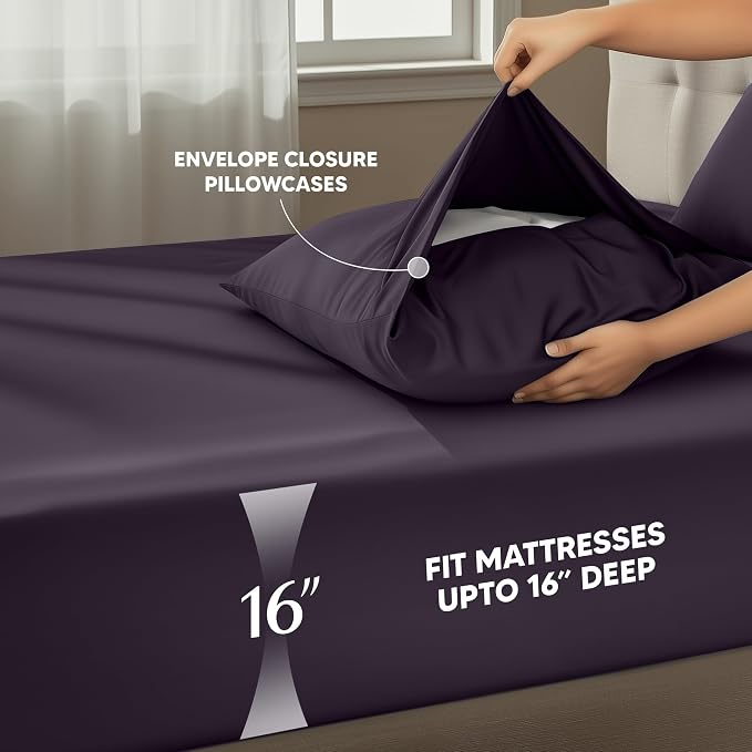 King Sheets Set, 4 Pieces 16" Deep Pocket Hotel Luxury Sheets, Dark Purple | Extra Soft Bedsheet Set, Comfy & Breathable Cooling Sheets, Wrinkle & Fade Resistant, Fitted Sheet, Flat Sheet, 2 Pillowcases