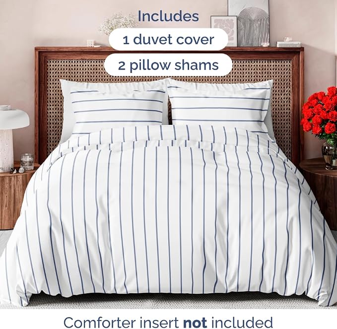 Duvet Cover King Size - Stripe Duvet Cover - 3 Piece - Navy Stripe | Soft Stripe Duvet Cover 104 x 90 with 2 Pillow Shams, Zipper Closures & Ties, Stripe Bedding for Women, Men, Kids & Teens